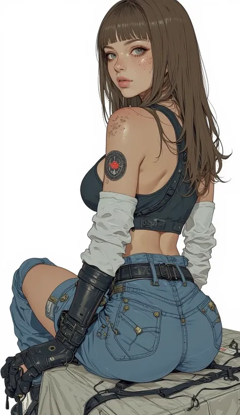  in the seat,  sexy, Enchantment,  blue eyes,  freckles,  closed her mouth,  smirking  ,  brown hair,  straight long hair、 sports bra、 denim hotpants for martial artists,  small breasts, Wide hips,  thighs, round ass,  from behind,Show your ass、martial art...