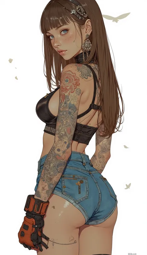  in the seat,  sexy, Enchantment,  blue eyes,  freckles,  closed her mouth,  smirking  ,  brown hair,  straight long hair、 sports bra、 denim hotpants,  small breasts, Wide hips,  thighs, round ass,  from behind,Show your ass、martial arts household gloves 、...