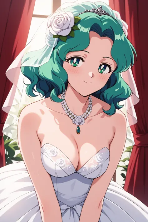 masterpiece,best quality,{{detailed beautiful face and eyes}}, very detailed background,
Michiru Kaiou,{{{megami magazine}}},medium hair,green hair,wavy hair,forehead,green eyes,medium breasts,
1womanl,hairstyle: (wedding bun:1.2)
Outfit: (wedding dress,in...