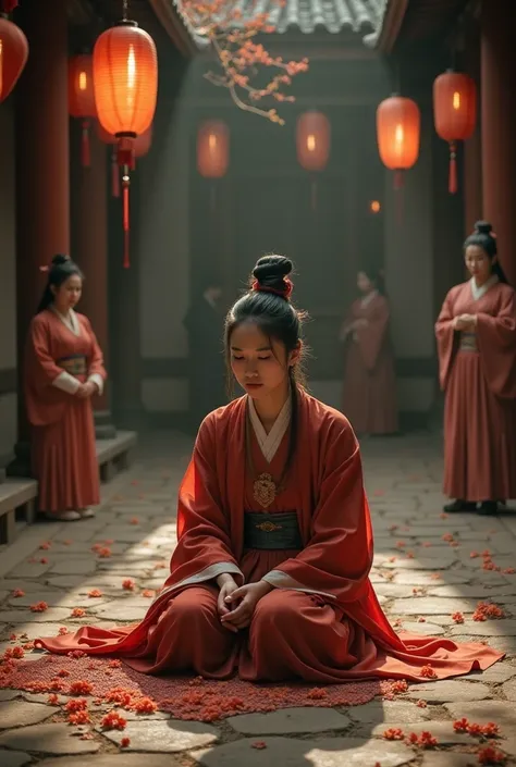 "A dramatic depiction of an ancient Chinese woman crying alone, sitting in a traditional courtyard with a flower pattern on the stone ground. She is preparing for her wedding, according to the 30-day crying ritual of the Qin dynasty. Her face is filled wit...