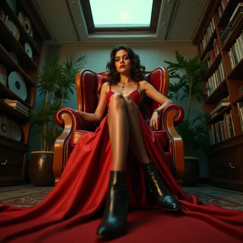 From the worm's eye view, taken from the floor angled up, low angle shot, shoe in the foreground,a sultry Italian actress, 21 years young, sits regally on a command chair, her crossed legs and arrogant expression commanding attention. Her tanned skin glist...