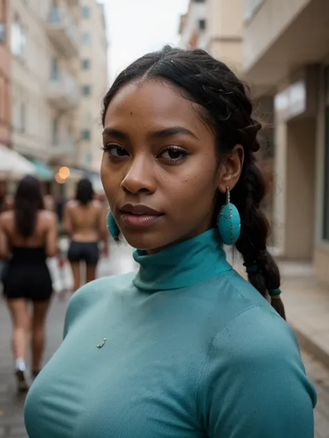 African black woman, very dark ebony skin, icy gaze, dreadlocks chignon, Fitness musclular body, turquoise Turtleneck dress, close-up portrait, from face, street Block 