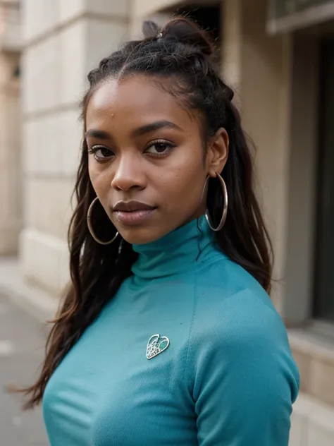 African black woman, very dark ebony skin, icy gaze, dreadlocks chignon, Fitness musclular body, turquoise Turtleneck dress, close-up portrait, from face, street Block 