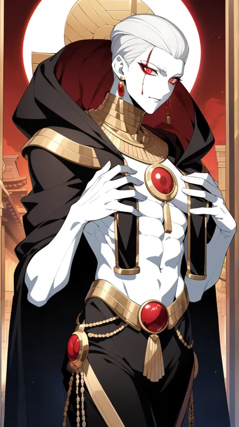 
Pharoah, Handsome, pale white skin, short slicked back white hair. Glowing red demon Eyes, Egyptian Black Velvet Robes, Gold Embroidered Black velvet Egyptian pants. Wears a gold chained glowing Ruby circular Egyptian amulet. Has gold rings. Long ruby ear...