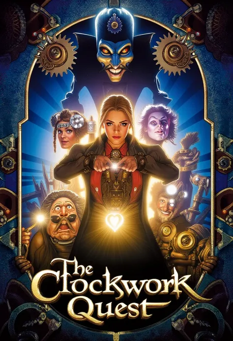 Create an illustrated movie poster for 'The Clockwork Quest,' set in a vibrant and imaginative steampunk world. The central focus should be on the main characters and the villain, showcasing key elements of the plot.

Lena Gearheart: A brilliant young inve...