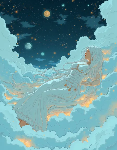  a woman with long white wavy hair, She will lie on the clouds in the sky ， and covered with clouds ， like clouds covering her , The sky will be night ， showing the stars above 、Planets and the universe 