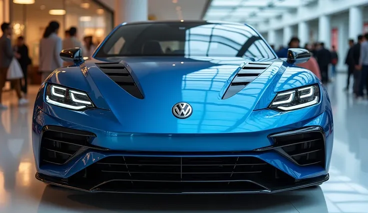 "A sleek, futuristic 2025 volkswagen beetle   with a glossy gleamy blue  finish, seen from the front bumper view. Plate called ( beetle   ).The car has an aggressive and aerodynamic design with sharp, angled LED headlights and a large, bold ney grille. The...