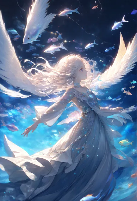 ( Masterpiece,   of the best quality),(Exposure of two images ),. A magnificent angel with a pair of fish , Detailed Face ,( She has two long white hair, gliding along the wind ,  wears a dress with a pattern of shimmering fish scales ).  She has wings lik...