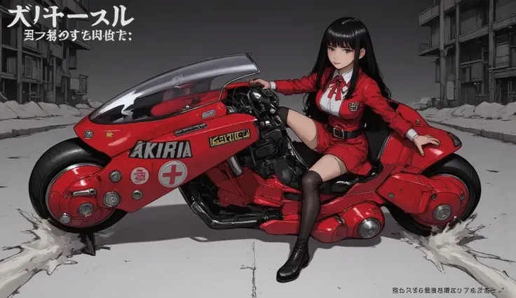 Akira Slide 、 beautiful Japanese high school girl 、uniform,  black hair,  straight long hair、 hold and use a photo of stylish hair  、Akira Bike、 is anatomically correct、 expressway、 high resolution、 best image quality、 greatest masterpiece、