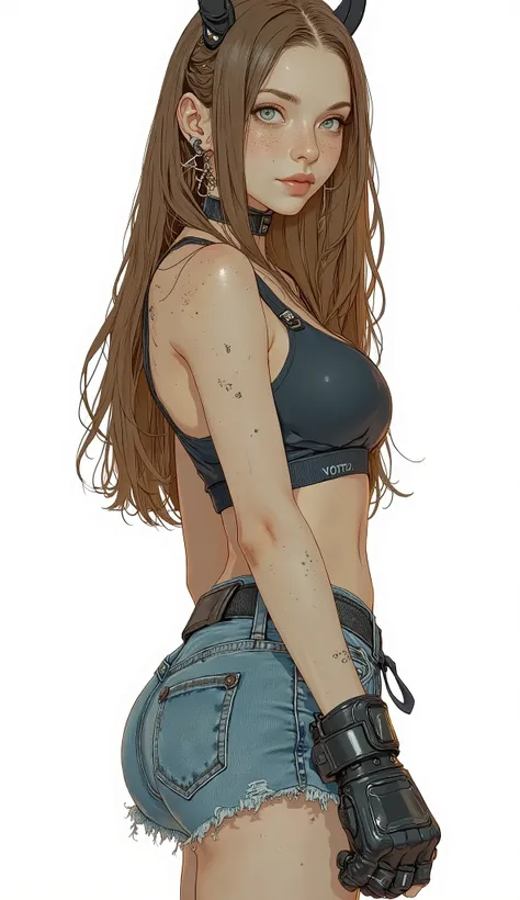  in the seat,  sexy, Enchantment,  blue eyes,  freckles,  closed her mouth,  smirking  ,  brown hair,  straight long hair、 sports bra、 denim hotpants for martial artists,  small breasts, Wide hips,  thighs, round ass,  from behind,Show your ass、martial art...