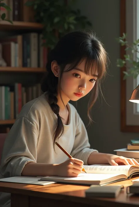 A  girl studying realistic