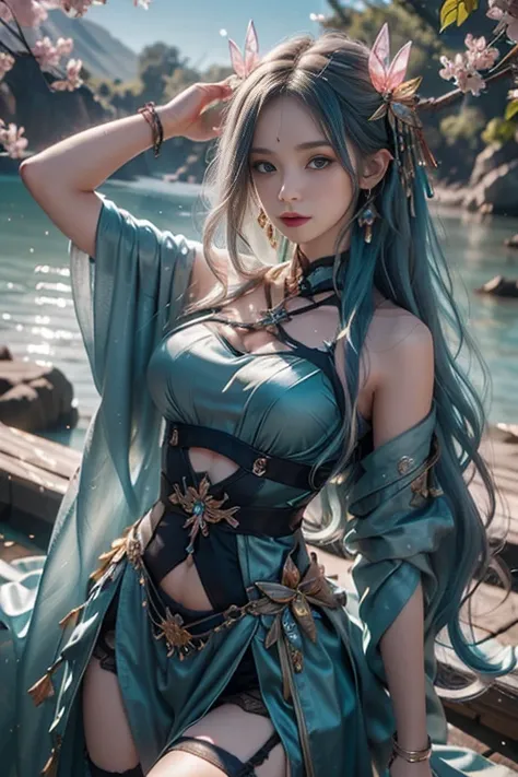 8K, ultra hd, masterpiece, hd colors, 1 girl, perfect face, very long curly hair, detailed eyes, detailed clothing, ((teal clothing)), stocking, ((criss-cross lace)), dark sardine, straps, Pendant, net clothing, loops, bare waist, jwellery, ornaments, wate...