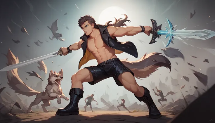 male wolf ,  sleeveless jacket ,  bare chest,  shorts, leather boots, with a huge sword , fighting against a haunted mirror , perspectiva desde la espalda del male wolf ,  hitting the mirror hard ,  work of art, 8K