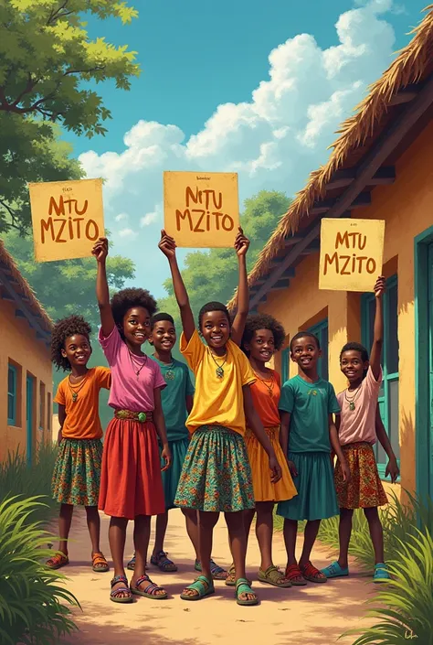 Create a school of African and create a big paper named mtu mzito also students hold papers named mtu mzito 