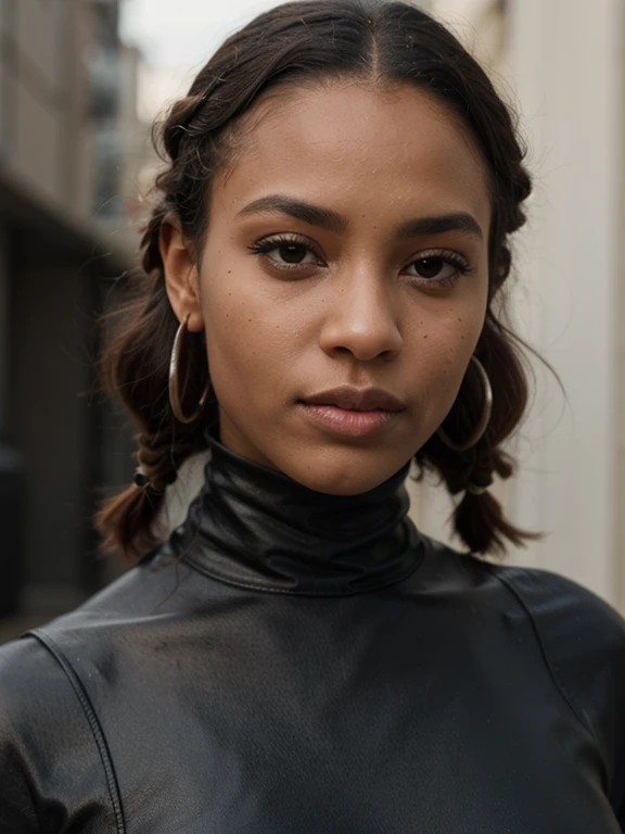 African black woman, very dark ebony skin, icy gaze, dreadlocks chignon, Fitness musclular body, leather Turtleneck dress, close-up portrait, from face, street Block 