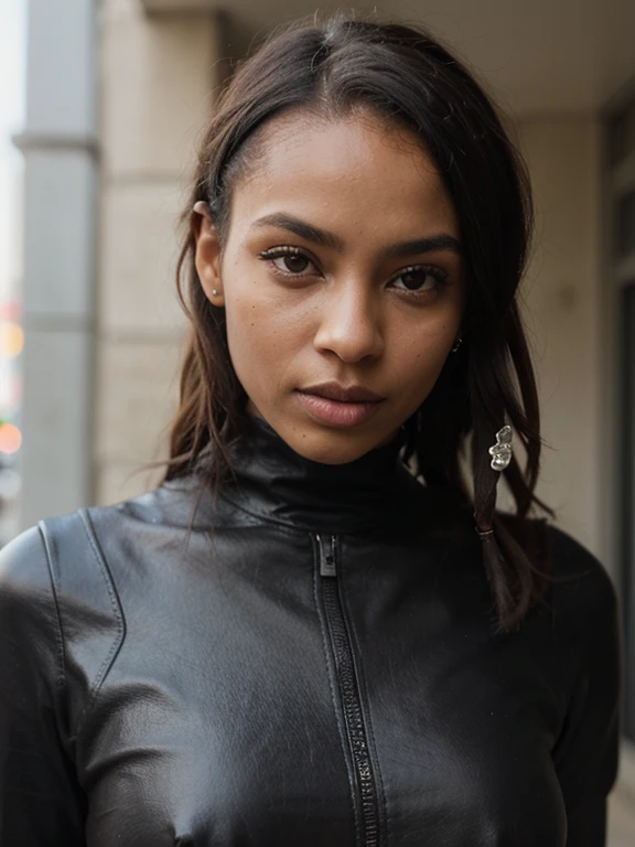 African black woman, very dark ebony skin, icy gaze, dreadlocks chignon, Fitness musclular body, leather Turtleneck dress, close-up portrait, from face, street Block 