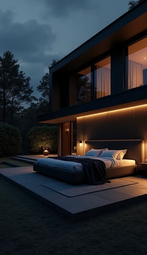 dark and rich impressive and modern house at midnight, black and rich bed