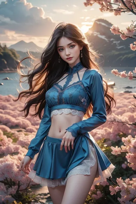 8K, ultra hd, masterpiece, hd colors, 1 girl, perfect face, very long curly hair, detailed eyes, simple clothing, ((blue clothing)), stocking, ((cryzada stomach lace)), sardine, straps, net clothing, loops, jwellery, waterside, Realistic scenery, epic scen...