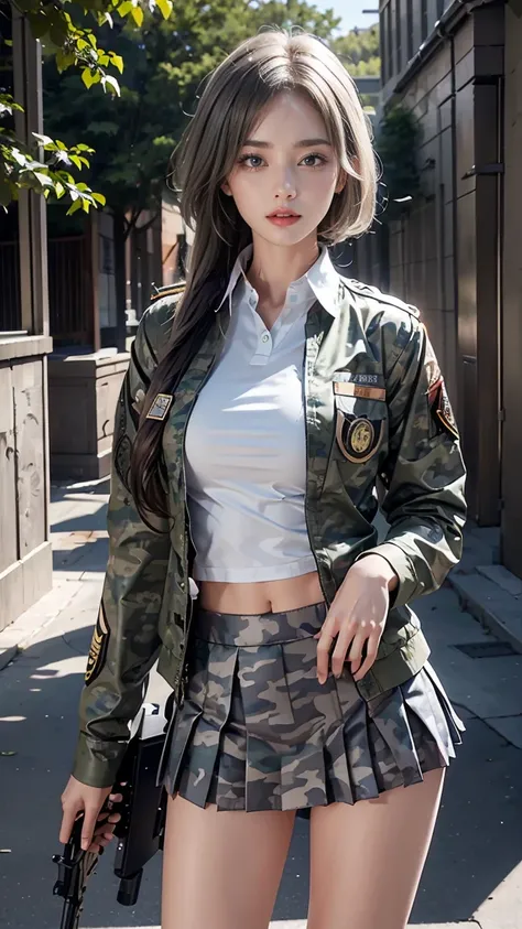 片手にライフルを持つ、 Photorealistic,  high resolution,  Soft Light, 1 Female, Alone,  hip lift,  blue eyes, （ Ash Grey Shoot Bob Hair- ）, (( military camo uniform with rifle in one hand ,  jacket ,  shirt,  tight and sexy super mini camo pleated short skirt))、(((pa...