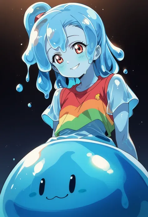  Masterpiece, high resolution, top quality,8k( Retro anime )
((right blue skin,melted body,slime skin,young))
(smile)
