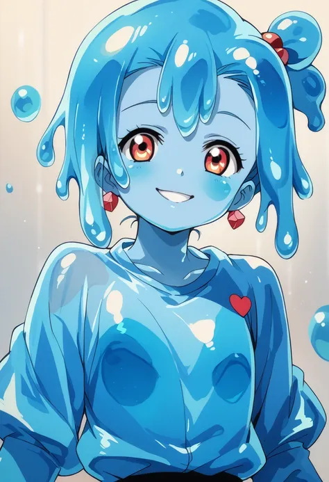  Masterpiece, high resolution, top quality,8k( Retro anime )
((right blue skin,melted body,slime skin,young))
(smile)
