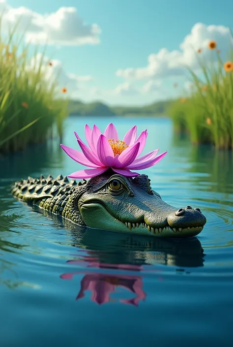 Make an alligator with a flower on your head , in a blue lake and surrounding grass 