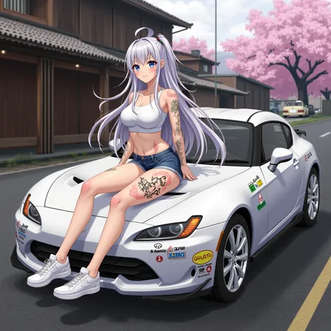 A digitally rendered realistic photo of a stunning and gorgeous female character with long silver hair. She is sitting on the h*od of a white sports car. The car has several decals and stickers, including one that reads 'LAWS? WHERE?'. The female character...