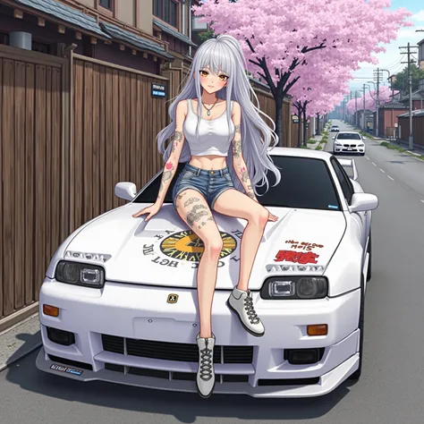 A digitally rendered realistic photo of a stunning and gorgeous female character with long silver hair. She is sitting on the h*od of a white sports car. The car has several decals and stickers, including one that reads 'LAWS? WHERE?'. The female character...