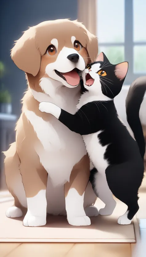 Cute dog, cute cat, fight, Dynamic Action Poses, cute detailed fur textures , Playful expressions , vibrant colors, natural light, Realistic, 8k, top quality, ( Masterpiece:1.2), super detailed, ( by Nomi:1.37)