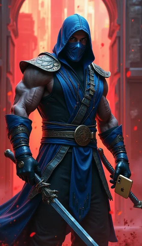 Sub zero from mortal kombat. Holding an iphone x gold. In the shao khan's bloody arena