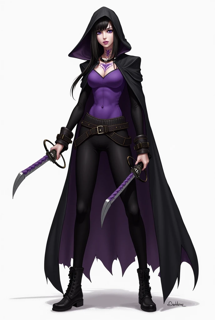  a drawing of a woman in a black cape and a purple top,  concept art inspired by Jin Homura  , Trending on deviantart,  under art ,  full body pose  , full body concept,  dark witch full view ,  dark witch character , full body concept art,   full body cha...