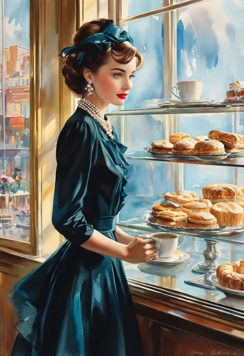 The watercolor illustration of a stylish European vintage woman, reminiscent of fashion fashion of the 1940s or 1950s, stands in front of a showcase in Tiffany. It wears a black dress, a handkerchief in color and pearls.  She holds a cup of coffee and baki...