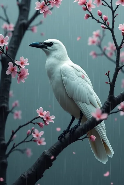 gloomy sakura on a cloudy rainy day ra on which sits a white raven