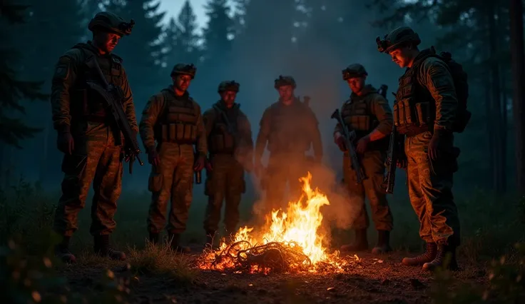 A group of Force Recon Marines standing in a dark, dense forest at night, their faces illuminated by the eerie glow of a fire. In the flames, the ashes of a hollow, burned-out figure slowly disintegrate, embers rising into the smoky night air. The Marines,...