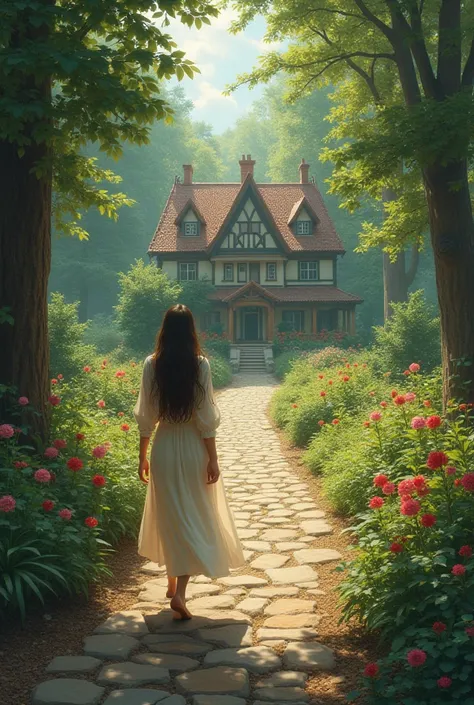 A woman walking in the forest, the street is full of stones. The woman walked into a house surrounded by a flower garden 