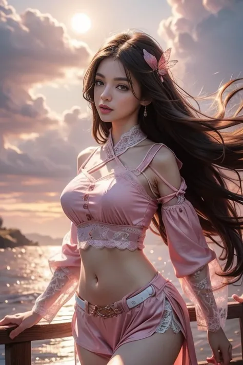 8K, ultra hd, masterpiece, hd colors, 1 girl, perfect face, very long curly hair, detailed eyes, simple clothing, ((pink clothing)), stocking, ((cryzada stomach lace)), sardine, straps, net clothing, loops, jwellery, waterside, Realistic scenery, epic scen...