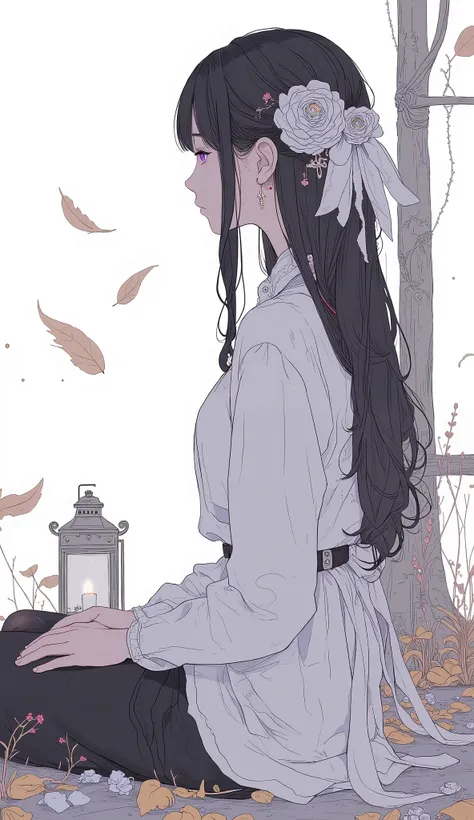   TOP QUALITY,  Masterpiece,  extremely detailed outdoors,    detailed biography ,   in the seat,  alone,   long hair, flower,    Lantern ,   White background ,  Ibaraki kasenx {x} Ibaraki kasenx,     simple background ,   profile ,   upper body,   shirt, ...