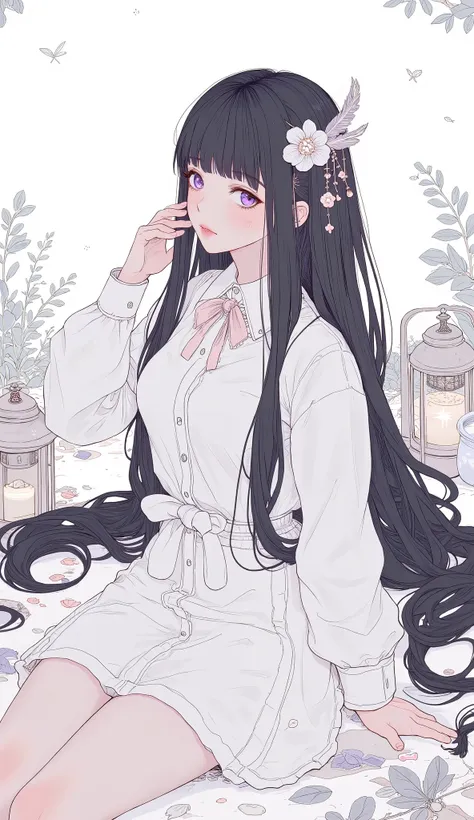   TOP QUALITY,  Masterpiece,  extremely detailed outdoors,    detailed biography ,   in the seat,  alone,   long hair, flower,    Lantern ,   White background ,  Ibaraki kasenx {x} Ibaraki kasenx,     simple background ,   profile ,   upper body,   shirt, ...