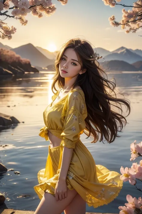 8K, ultra hd, masterpiece, hd colors, 1 girl, perfect face, very long curly hair, detailed eyes, simple clothing, ((Yellow clothing)), stocking, ((cryzada stomach lace)), sardine, straps, net clothing, loops, jwellery, waterside, Realistic scenery, epic sc...