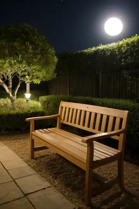 background、garden，night，lonely、Grove、 bench、Moonlight、unmanned、 from the front、 benchを中心に、 benchの背もたれを省く、 benchの肘掛けを省く、 benchは腰掛け