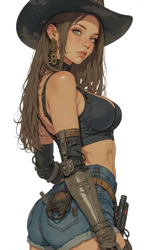  in the seat,  sexy, Enchantment,  blue eyes,  freckles,  closed her mouth,  smirking  ,  brown hair,  straight long hair、 cowboy hat、 sports bra、 denim hotpants for martial artists,Holster Belt、Magnum、  small breasts, Wide hips,  thighs, round ass,  from ...