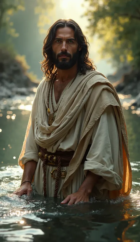 Jesus staring intently at the camera, in front,  in a river, 8k quality image