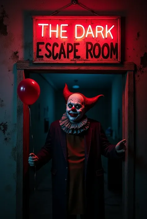 "A crude, hand-painted sign, illuminated by buzzing neon lights, proclaims 'The Dark Escape Room' over a shadowed entrance. A musty smell wafts out from the depths beyond. Lurking just inside, valak the  horror nun, a grotesquely welcoming figure. His clow...