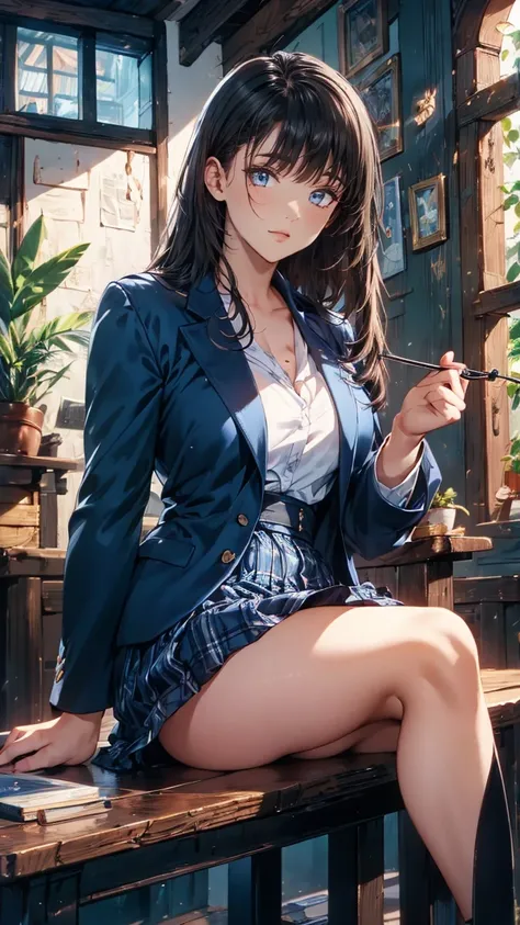 Masterpiece,  best quality , whole body, A breathtakingly beautiful and intelligent high school girl with straight, silver-blue hair and piercing ice-blue eyes, sitting by a large library window. She wears an elegant navy blue blazer over a white shirt and...