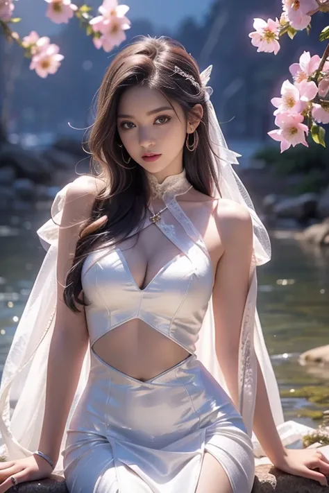 8K, ultra hd, masterpiece, hd colors, 1 girl, perfect face, very long curly hair, detailed eyes, detailed dress, ((White anddress)), stocking, flower lace, ((mesh ribbon)), sardine, straps, net clothing, loops, ((flowing cape)), bare navel, jwellery, water...