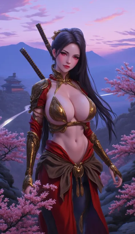 A female Japanese fantasy warrior stands proudly on a rocky hilltop, surrounded by light mist and blooming cherry blossoms. She wears gold and red futuristic samurai armor, inspired by the motif of a legendary dragon, with layers of fine silk that flow gra...