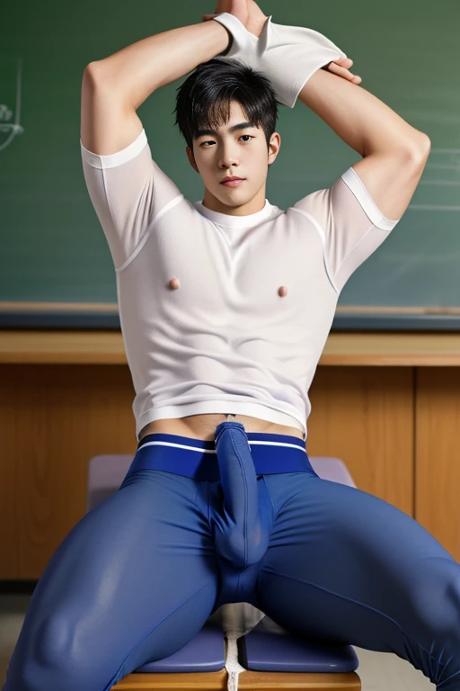 Top quality, high quality model, highly detailed, 1 male, solo, posing in school classroom, 18 year old young Japanese male, nearly naked, hiding bulge in underwear to prevent exposure, ((large erection in underwear:1,6)), ((underwear stretching with large...