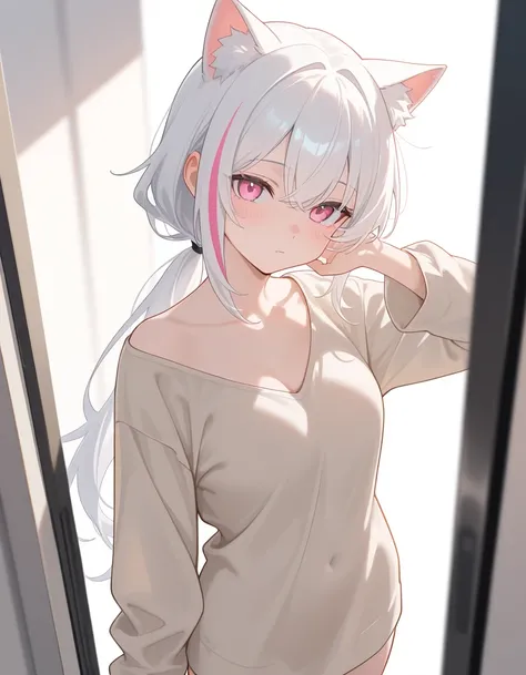  masterpiece, best quality  ,  latest , of, 美丽of女性 ，Cat ears，White hair， pink eyes，streaked hair，Low Ponytail