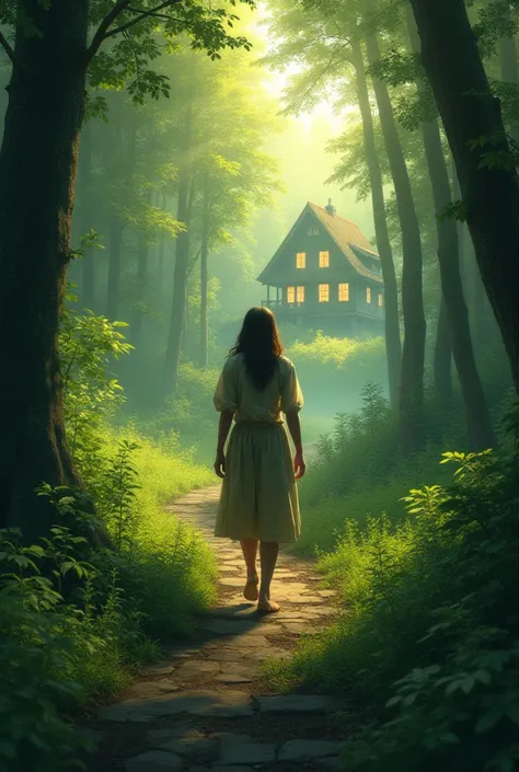 The woman walks in the middle of the forest and the woman looks tired. She wants to go to a house surrounded by happiness 