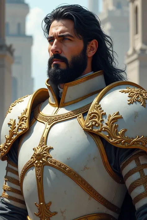 A guard  ,  white and gold armor boots, light skin,   blue eyes,  shoulder length black hair,  short beard , Tall and strong. ( in armor ,  He only wears ,  Trousers and  .)